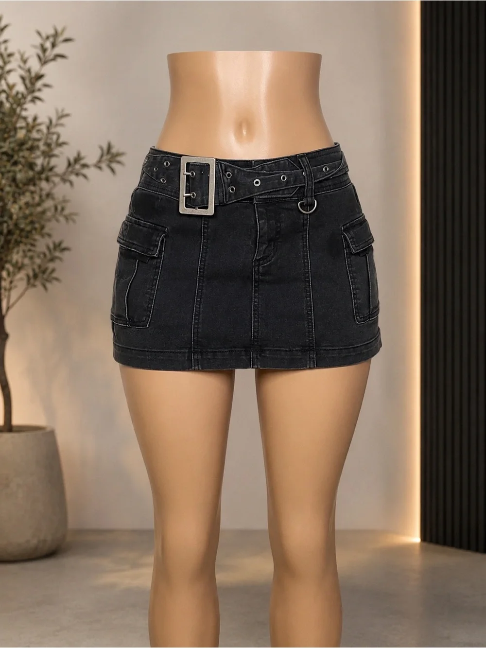 Zara Black Denim Mini Skirt with Belt